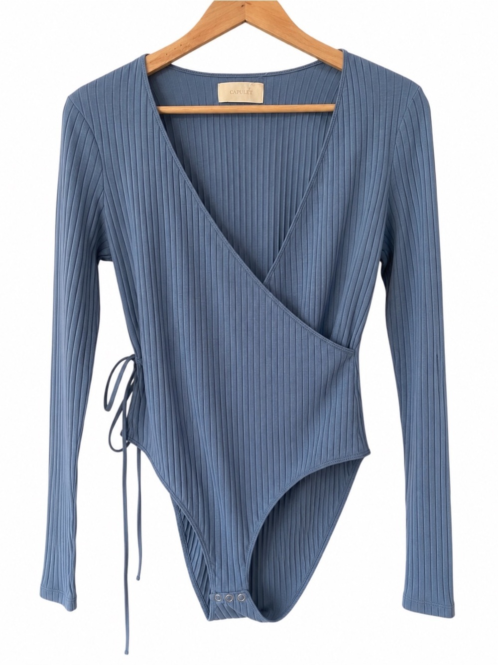 CAPULET Ribbed Wrap Bodysuit Blue Gray Long Sleeve Side Tie Date Night Top - Picture 2 of 7